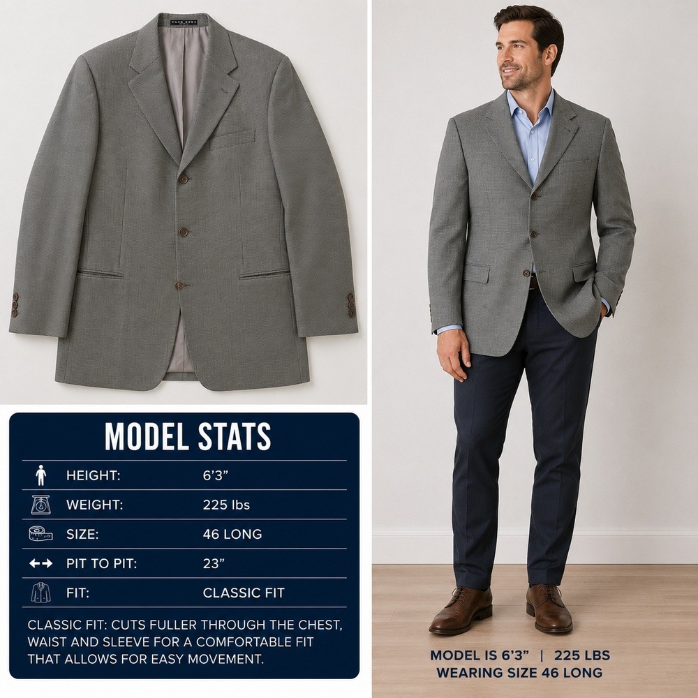 Hugo Boss Einstein Grey Micro Check Wool Blend 3 Button Blazer Mens 46L Classic
